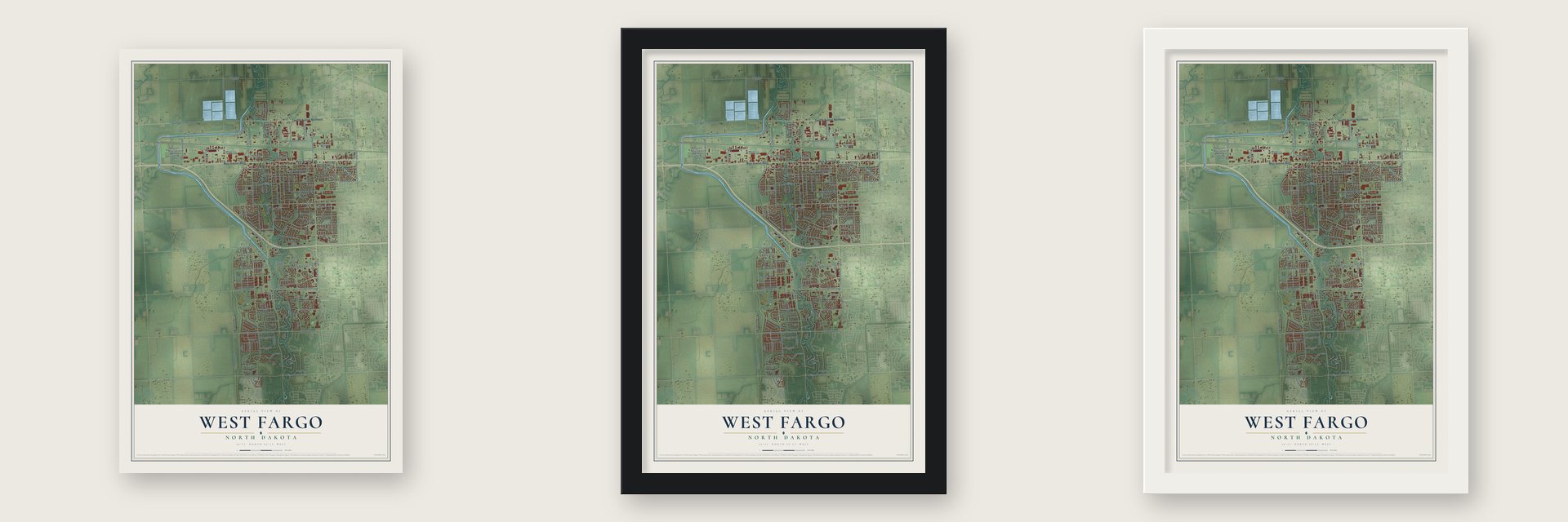 West Fargo, North Dakota map unframed, in a black wood frame and in a white wood frame