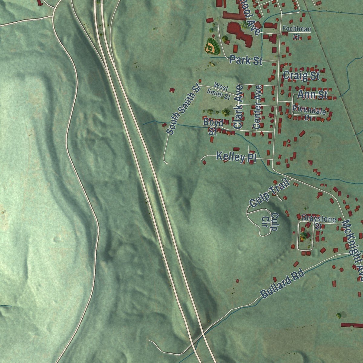 Second close-up of the map of West Fork, Arkansas print showing more streets and buildings