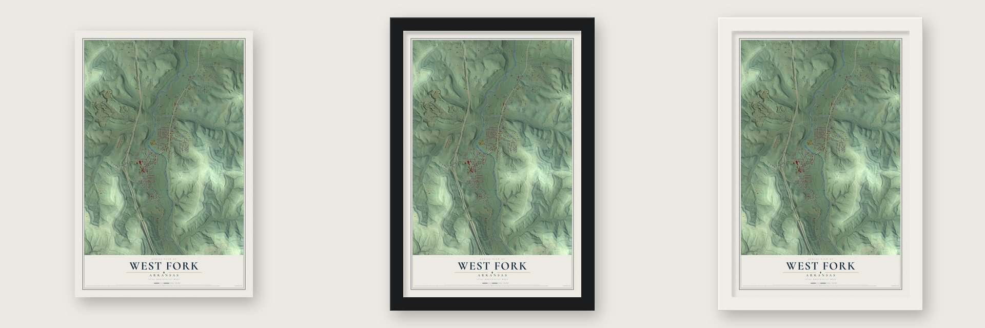West Fork, Arkansas map unframed, in a black wood frame and in a white wood frame
