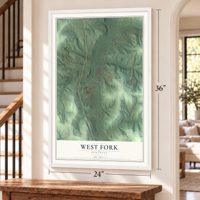 West Fork, Arkansas map, 24 x 36 inch print in a white frame by a staircase