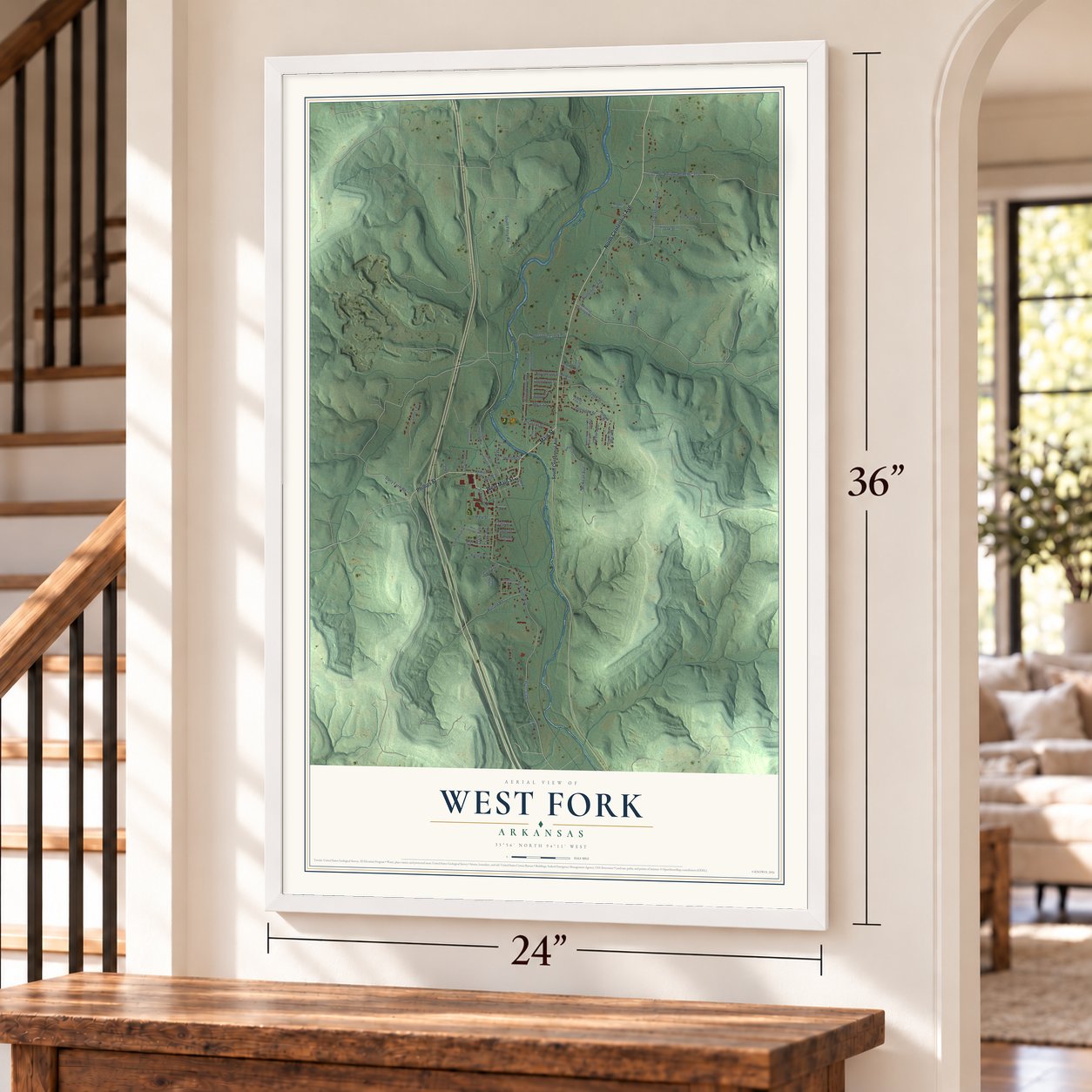 West Fork, Arkansas map, 24 x 36 inch print in a white frame by a staircase