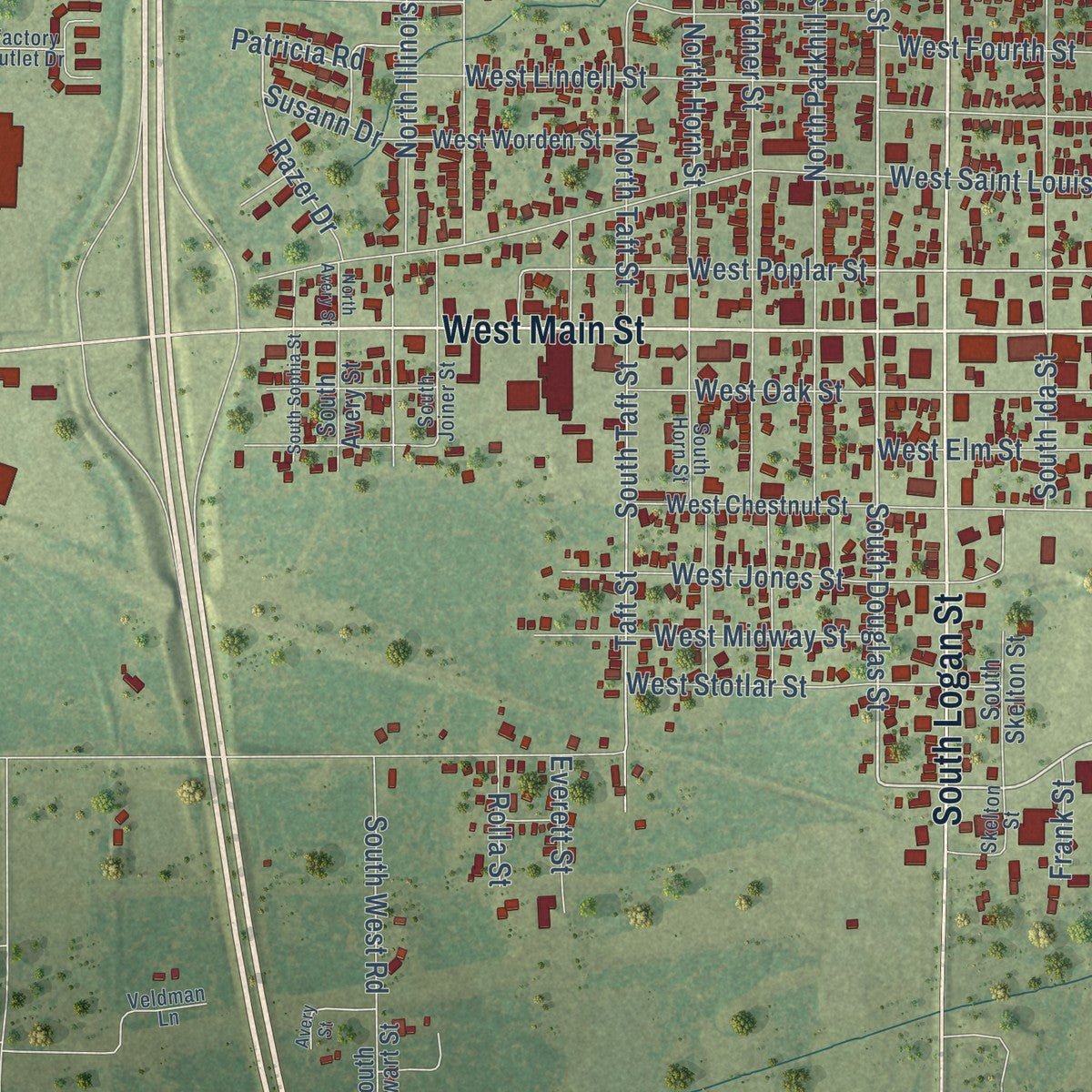 Second close-up of the map of West Frankfort, Illinois print showing more streets and buildings