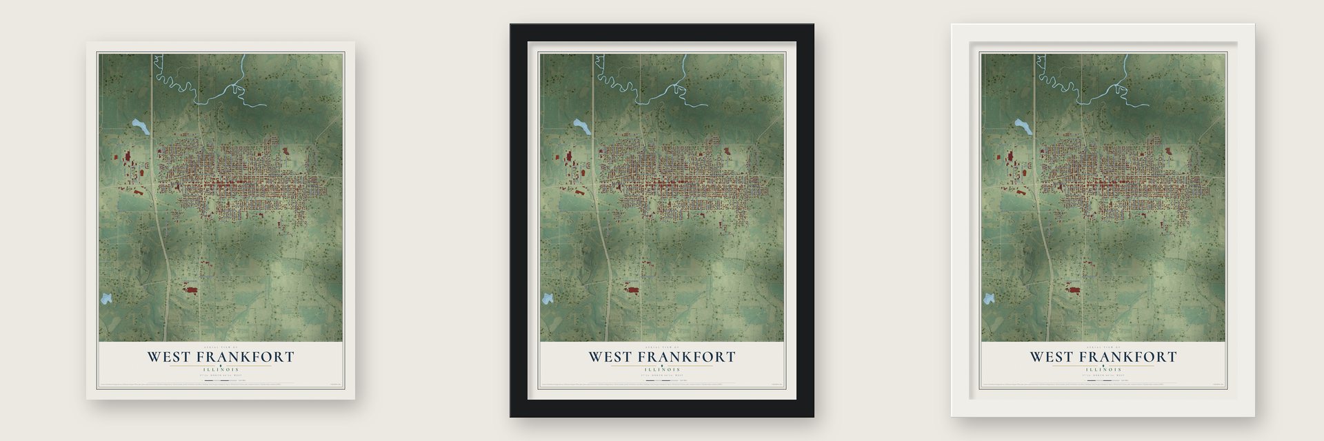 West Frankfort, Illinois map unframed, in a black wood frame and in a white wood frame