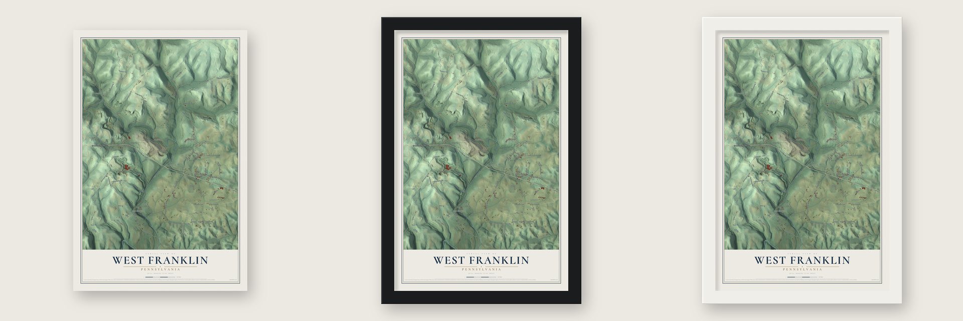 West Franklin, Pennsylvania map unframed, in a black wood frame and in a white wood frame