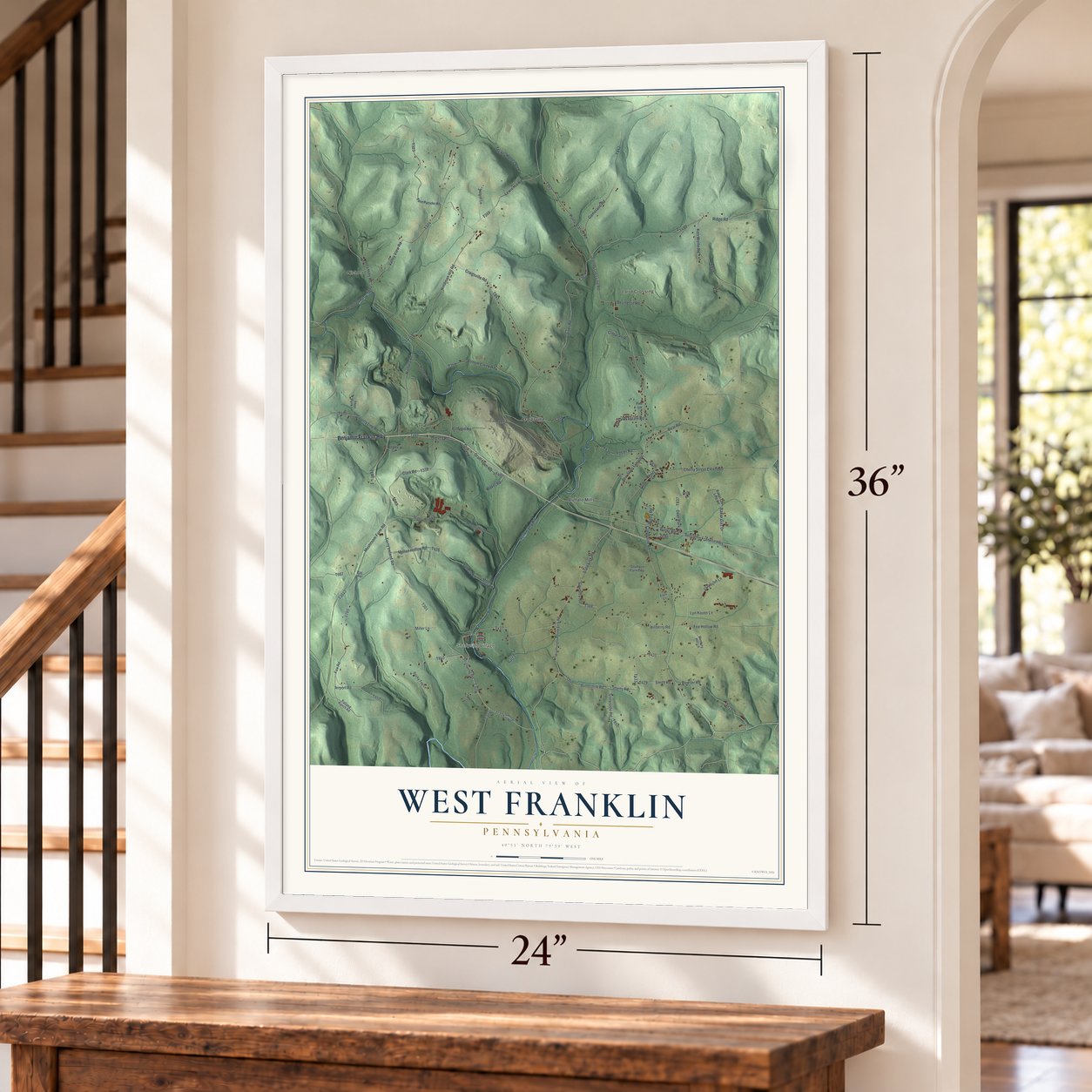 West Franklin, Pennsylvania map, 24 x 36 inch print in a white frame by a staircase