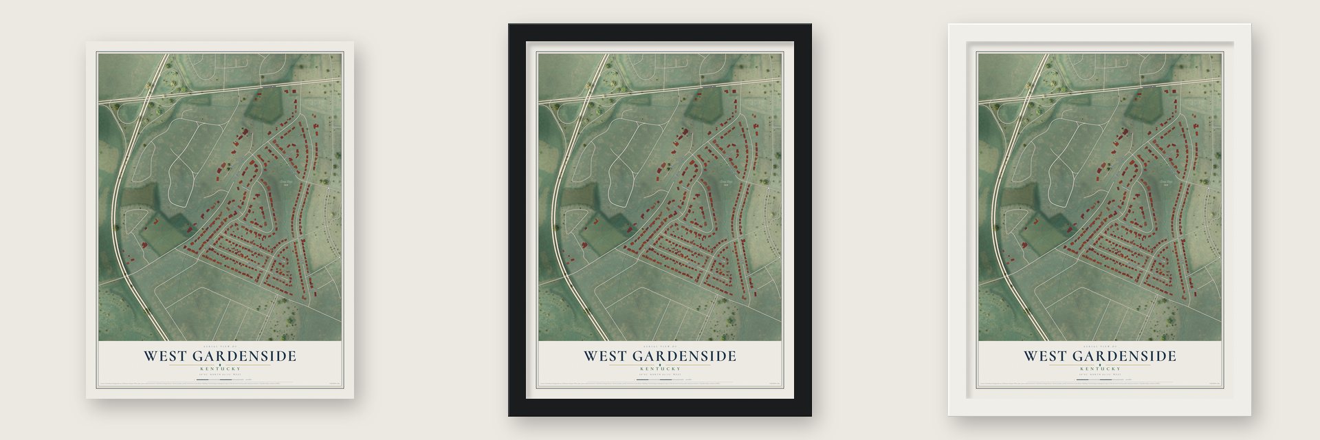 West Gardenside, Kentucky map unframed, in a black wood frame and in a white wood frame