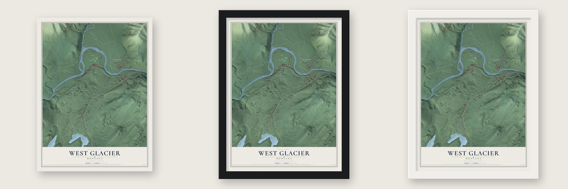 West Glacier, Montana map unframed, in a black wood frame and in a white wood frame