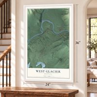 West Glacier, Montana map, 24 x 36 inch print in a white frame by a staircase