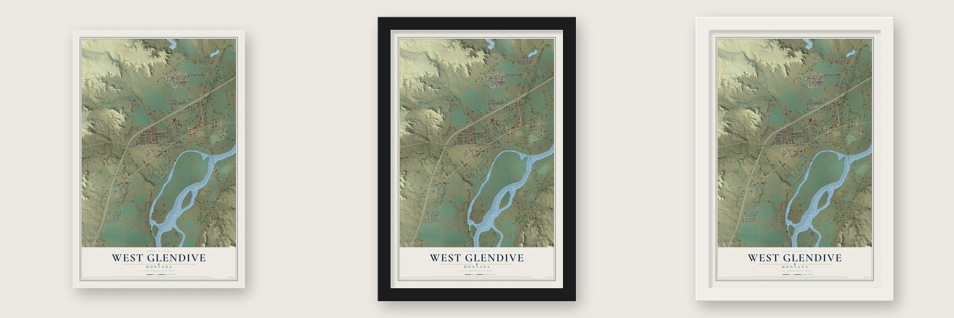 West Glendive, Montana map unframed, in a black wood frame and in a white wood frame