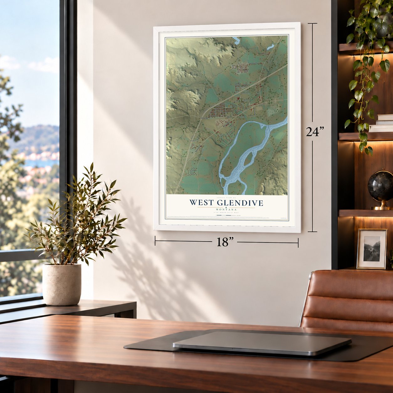 West Glendive, Montana map, 18 x 24 inch print in a white frame in a home office