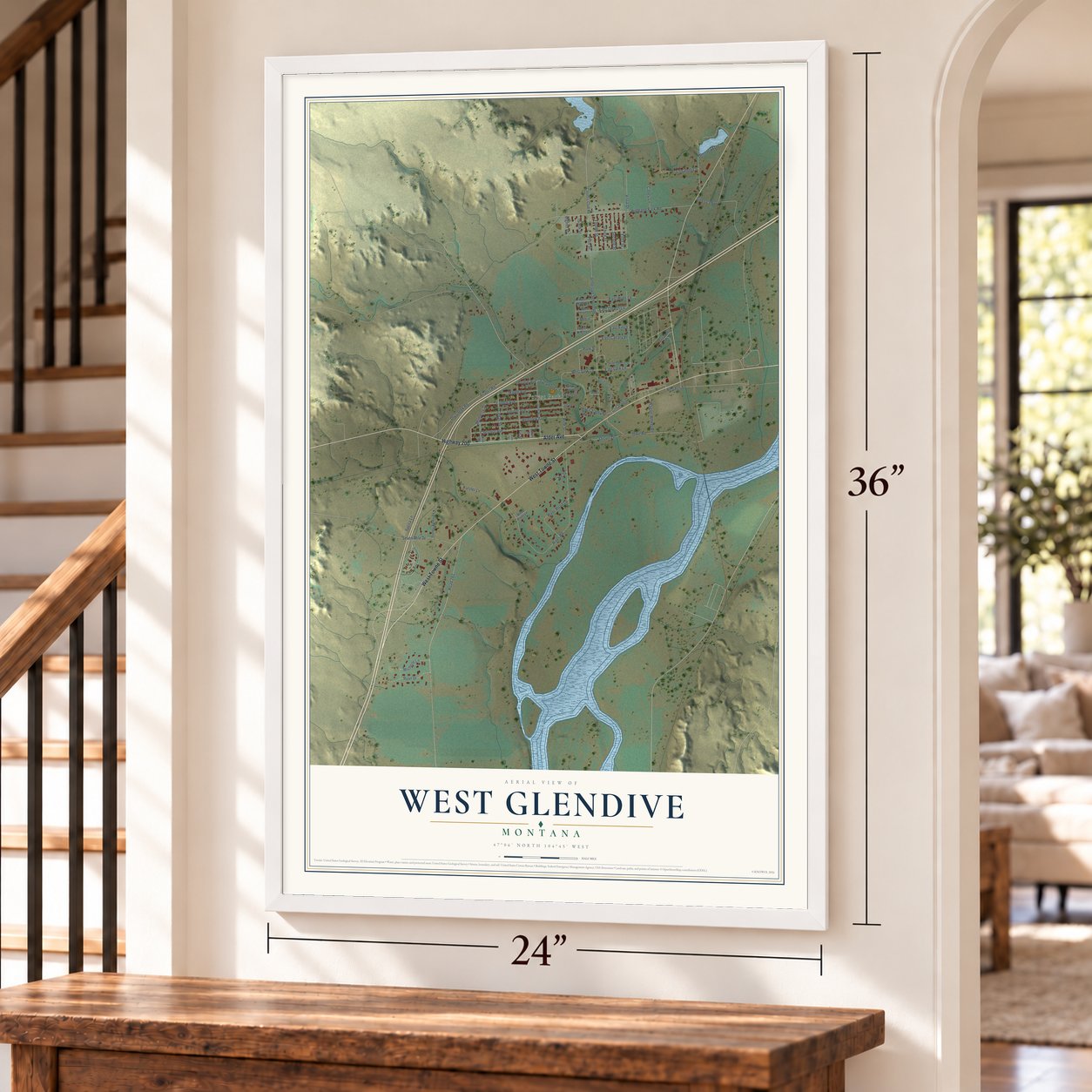 West Glendive, Montana map, 24 x 36 inch print in a white frame by a staircase