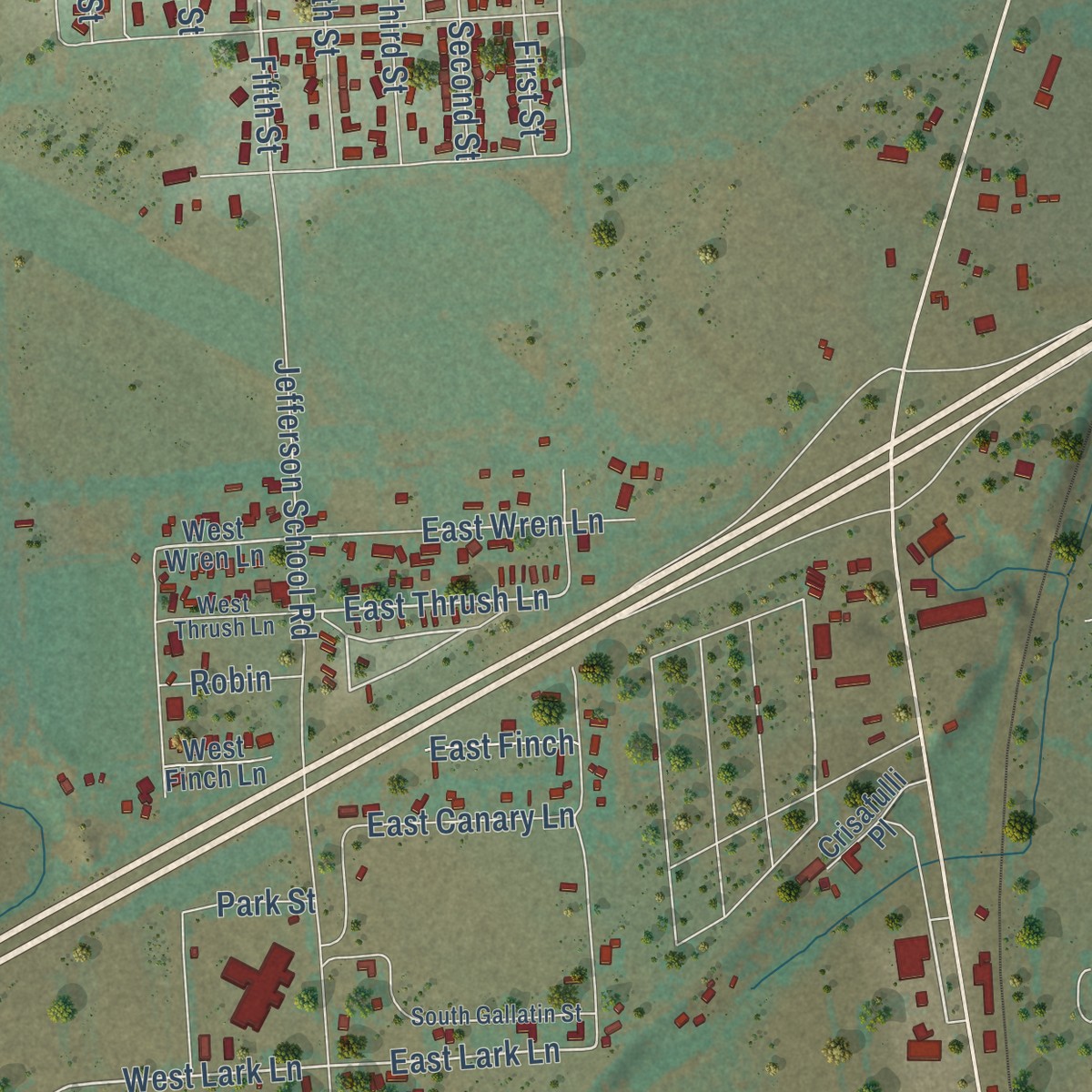 Second close-up of the map of West Glendive, Montana print showing more streets and buildings