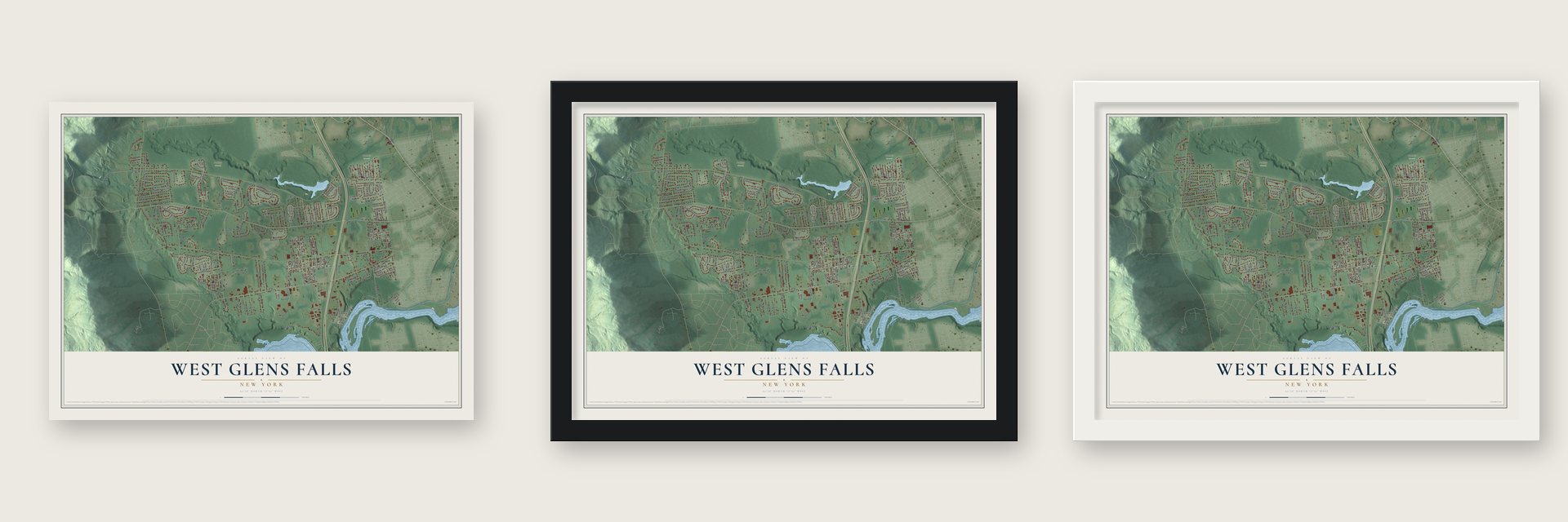 West Glens Falls, New York map unframed, in a black wood frame and in a white wood frame