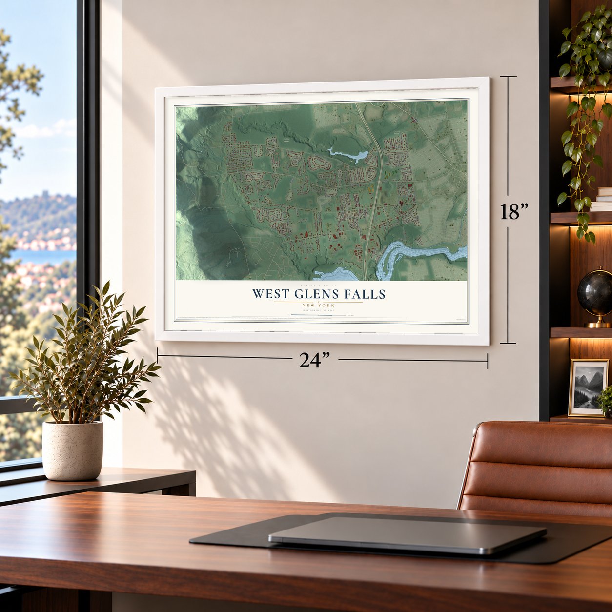 West Glens Falls, New York map, 18 x 24 inch print in a white frame in a home office