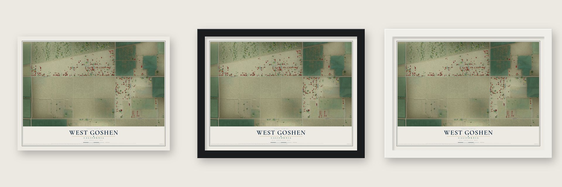 West Goshen, California map unframed, in a black wood frame and in a white wood frame