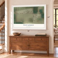 West Goshen, California map, 24 x 36 inch print in a white frame above a dresser by a staircase