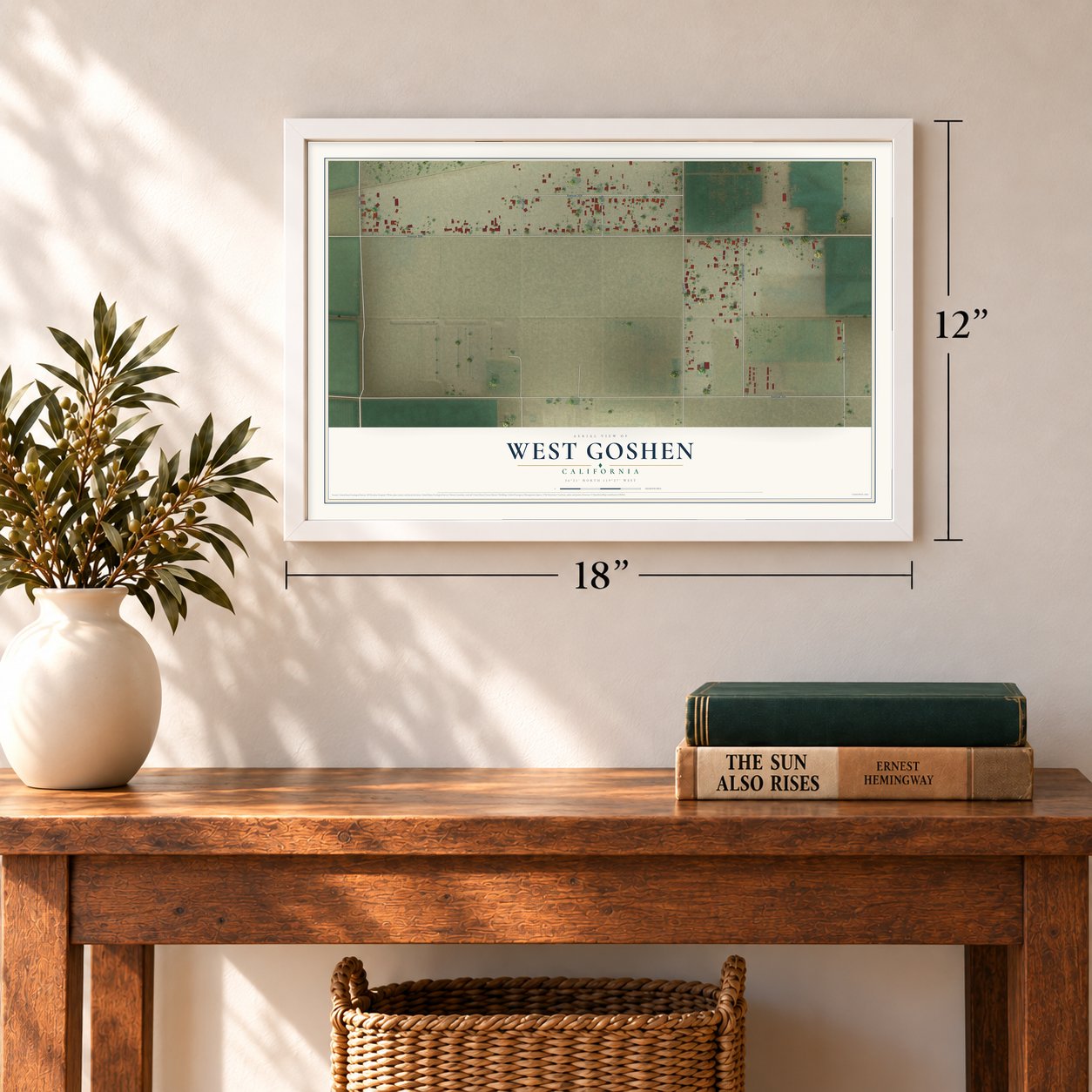 West Goshen, California map, 12 x 18 inch print in a white frame in an entryway