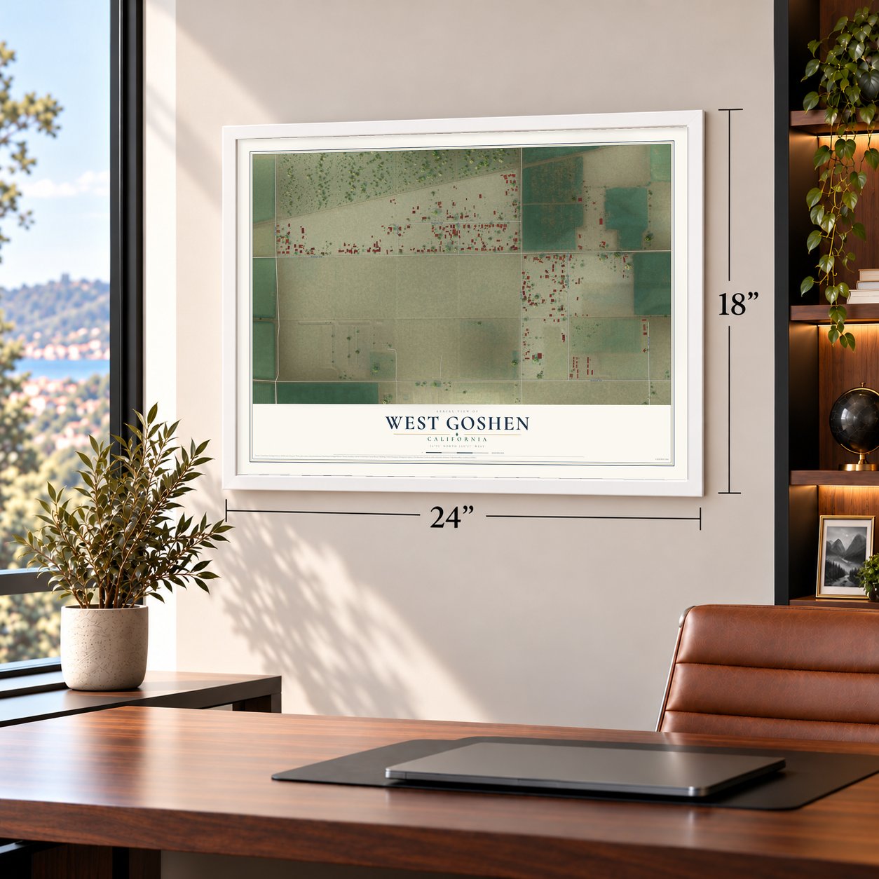 West Goshen, California map, 18 x 24 inch print in a white frame in a home office