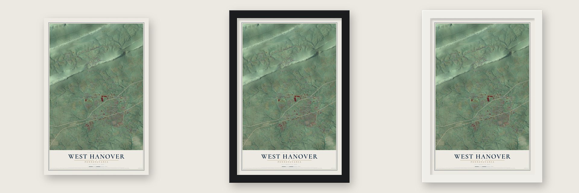 West Hanover, Pennsylvania map unframed, in a black wood frame and in a white wood frame