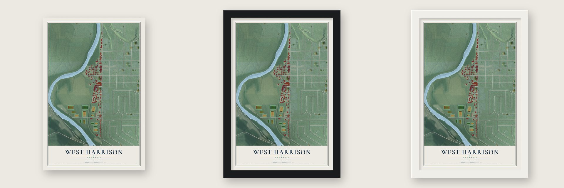 West Harrison, Indiana map unframed, in a black wood frame and in a white wood frame