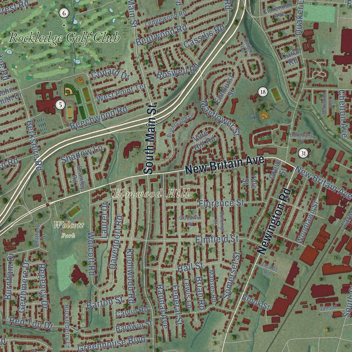 Second close-up of the map of West Hartford, Connecticut print showing more streets and buildings