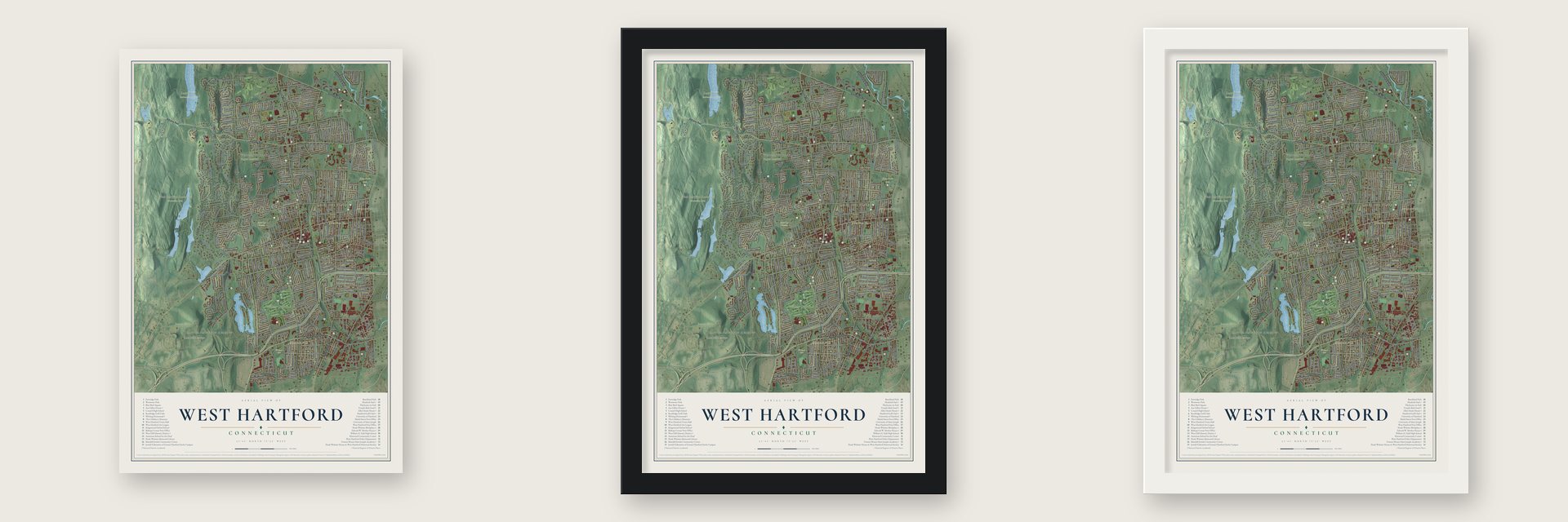 West Hartford, Connecticut map unframed, in a black wood frame and in a white wood frame