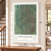 West Hartford, Connecticut map, 24 x 36 inch print in a white frame by a staircase