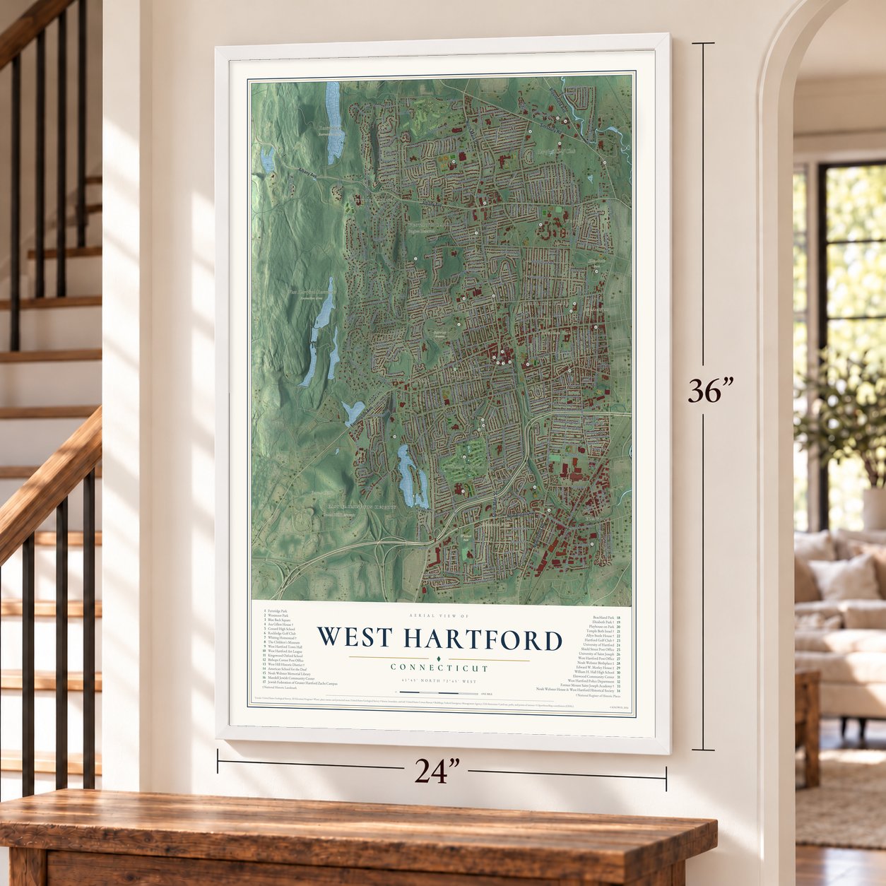 West Hartford, Connecticut map, 24 x 36 inch print in a white frame by a staircase