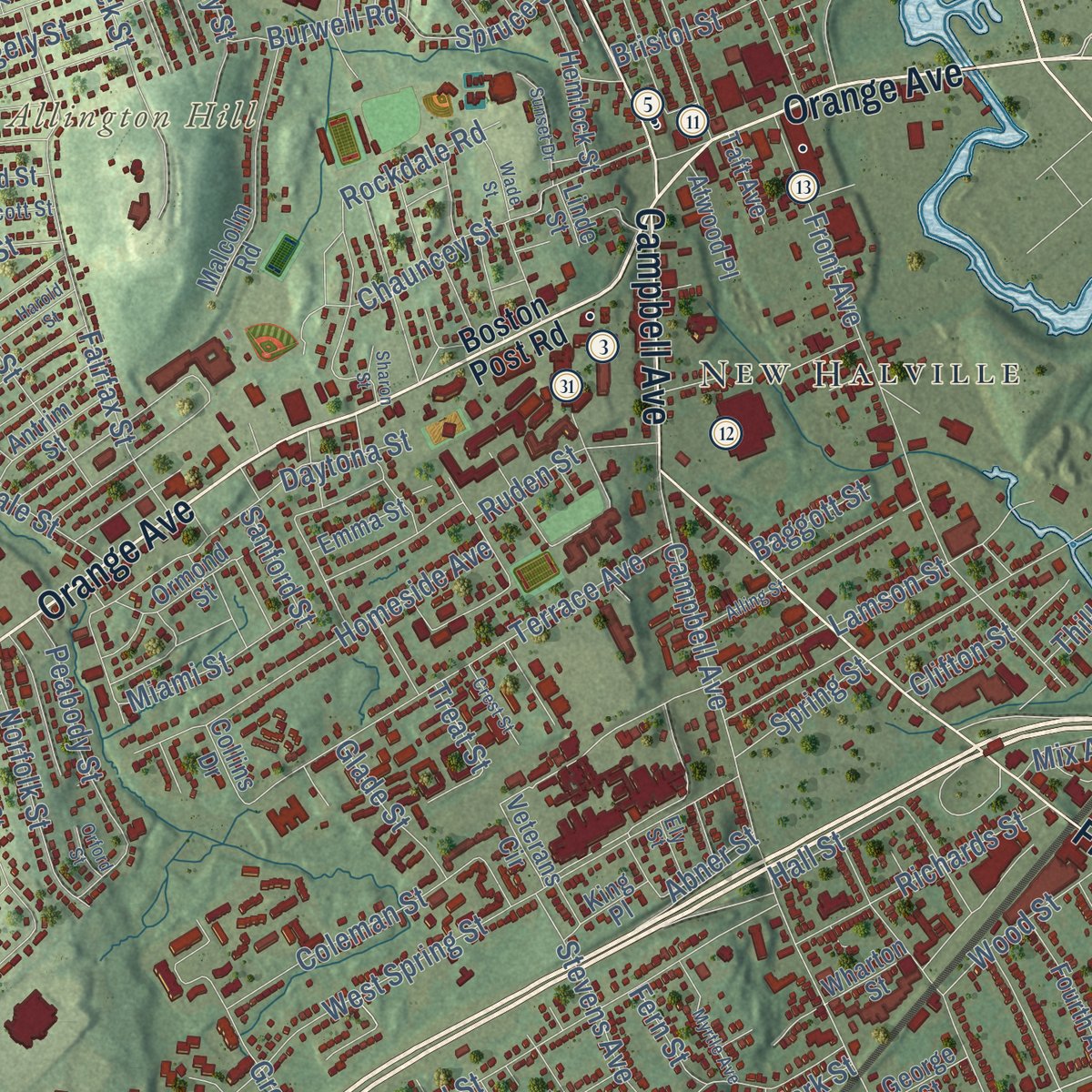 Second close-up of the map of West Haven, Connecticut print showing more streets and buildings
