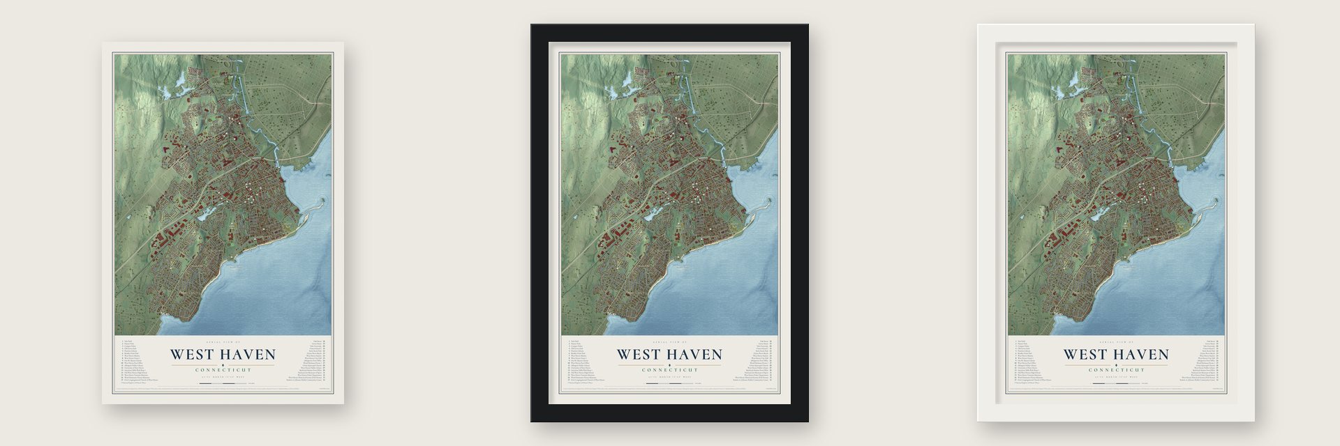 West Haven, Connecticut map unframed, in a black wood frame and in a white wood frame