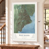 West Haven, Connecticut map, 24 x 36 inch print in a white frame by a staircase