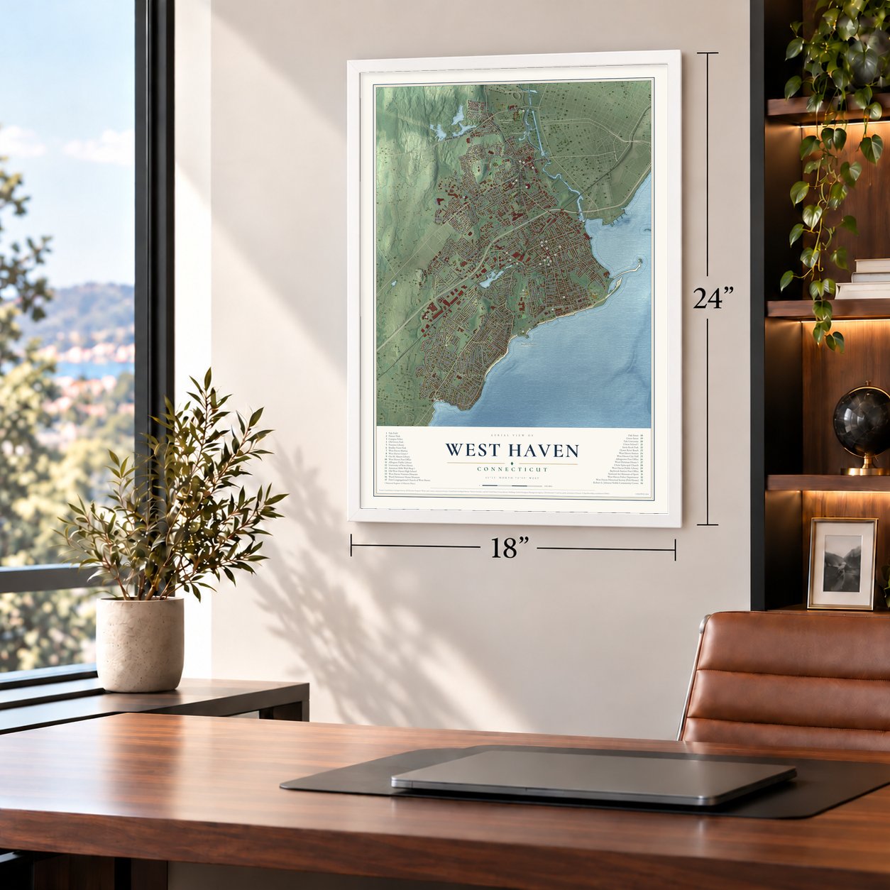 West Haven, Connecticut map, 18 x 24 inch print in a white frame in a home office