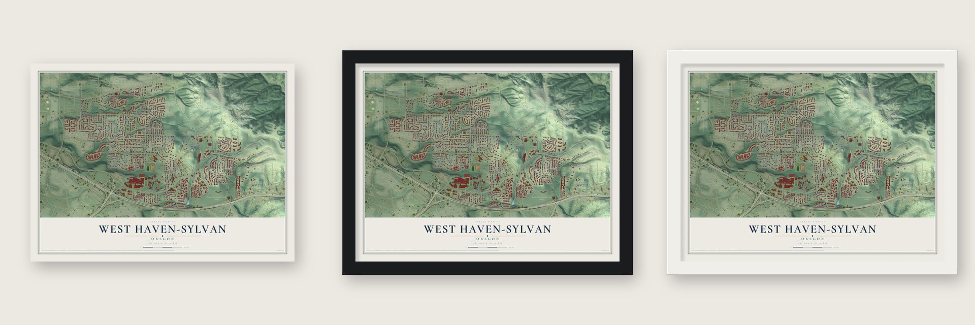 West Haven-Sylvan, Oregon map unframed, in a black wood frame and in a white wood frame