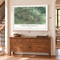 West Haven-Sylvan, Oregon map, 24 x 36 inch print in a white frame above a dresser by a staircase