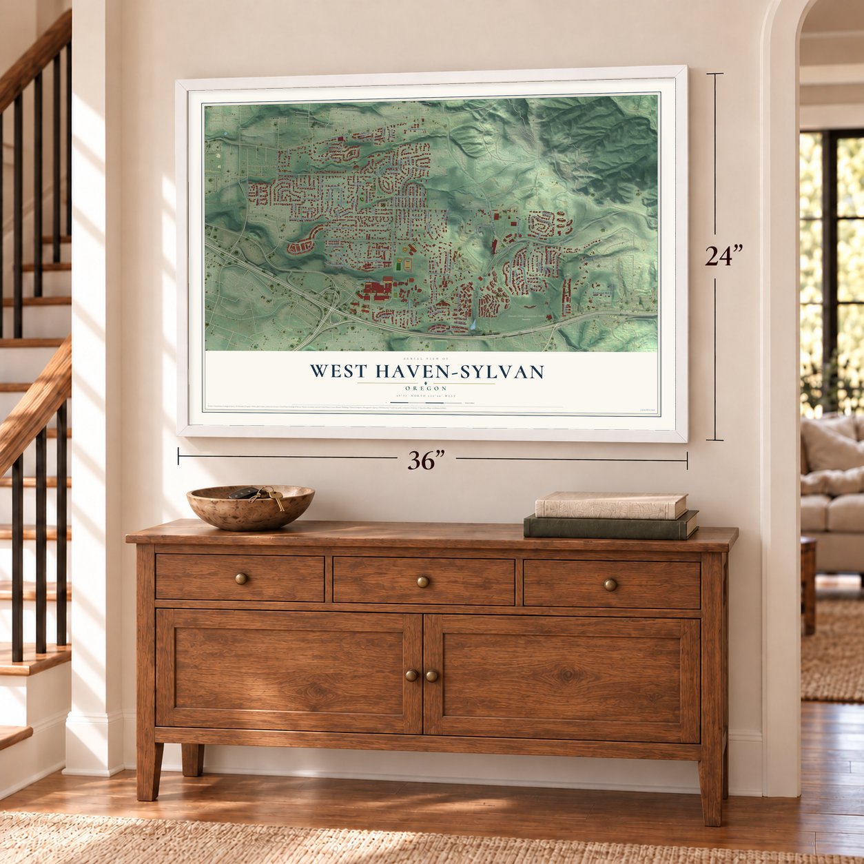 West Haven-Sylvan, Oregon map, 24 x 36 inch print in a white frame above a dresser by a staircase