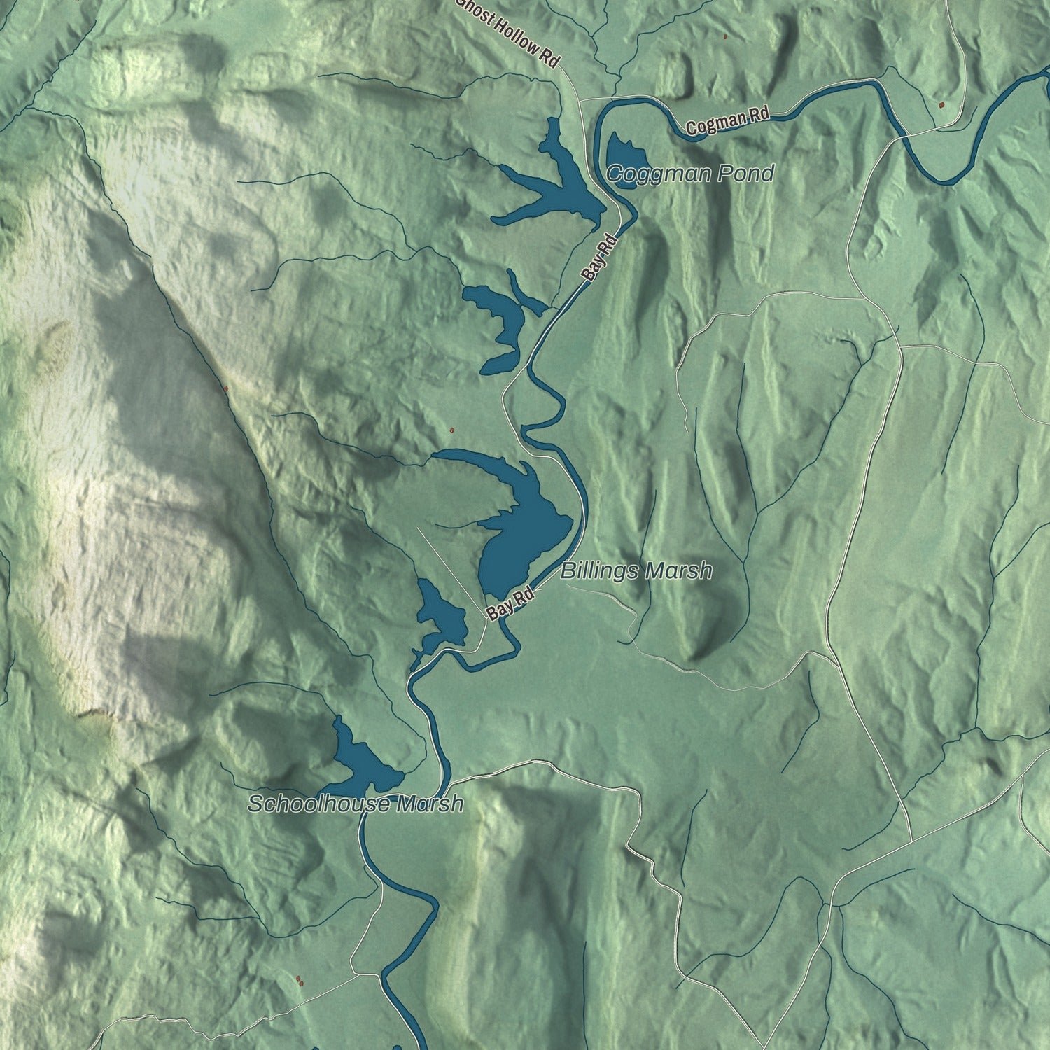 Close-up of the map of West Haven, Vermont print showing terrain and local geography