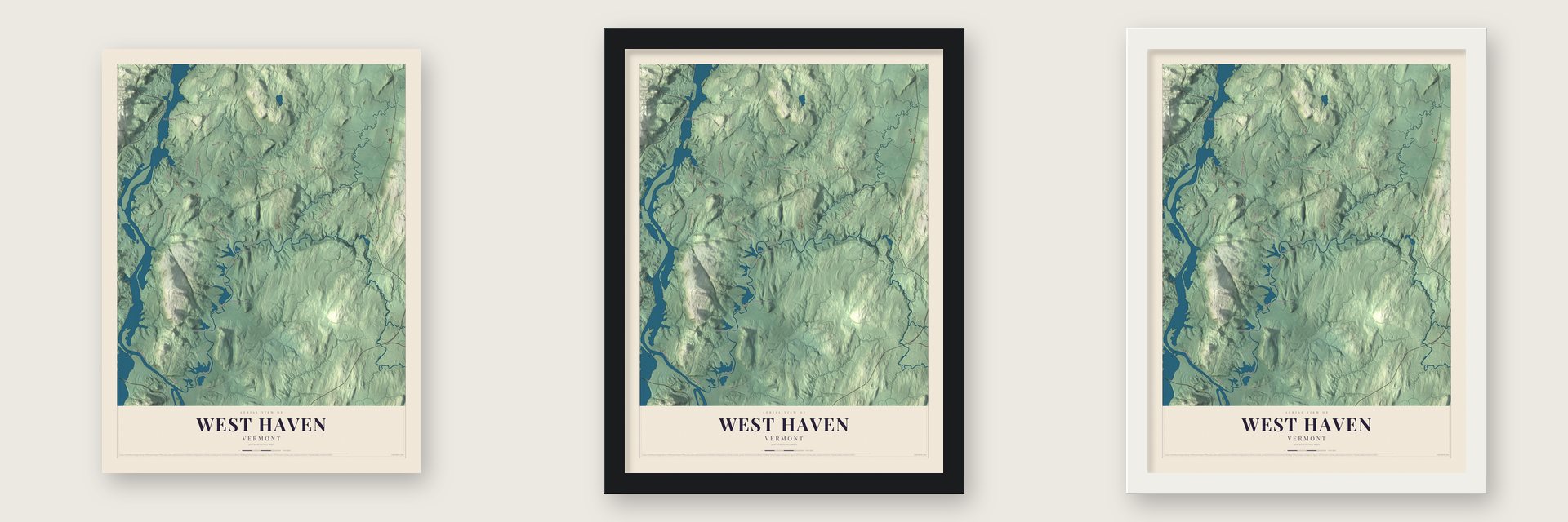 West Haven, Vermont map unframed, in a black wood frame and in a white wood frame