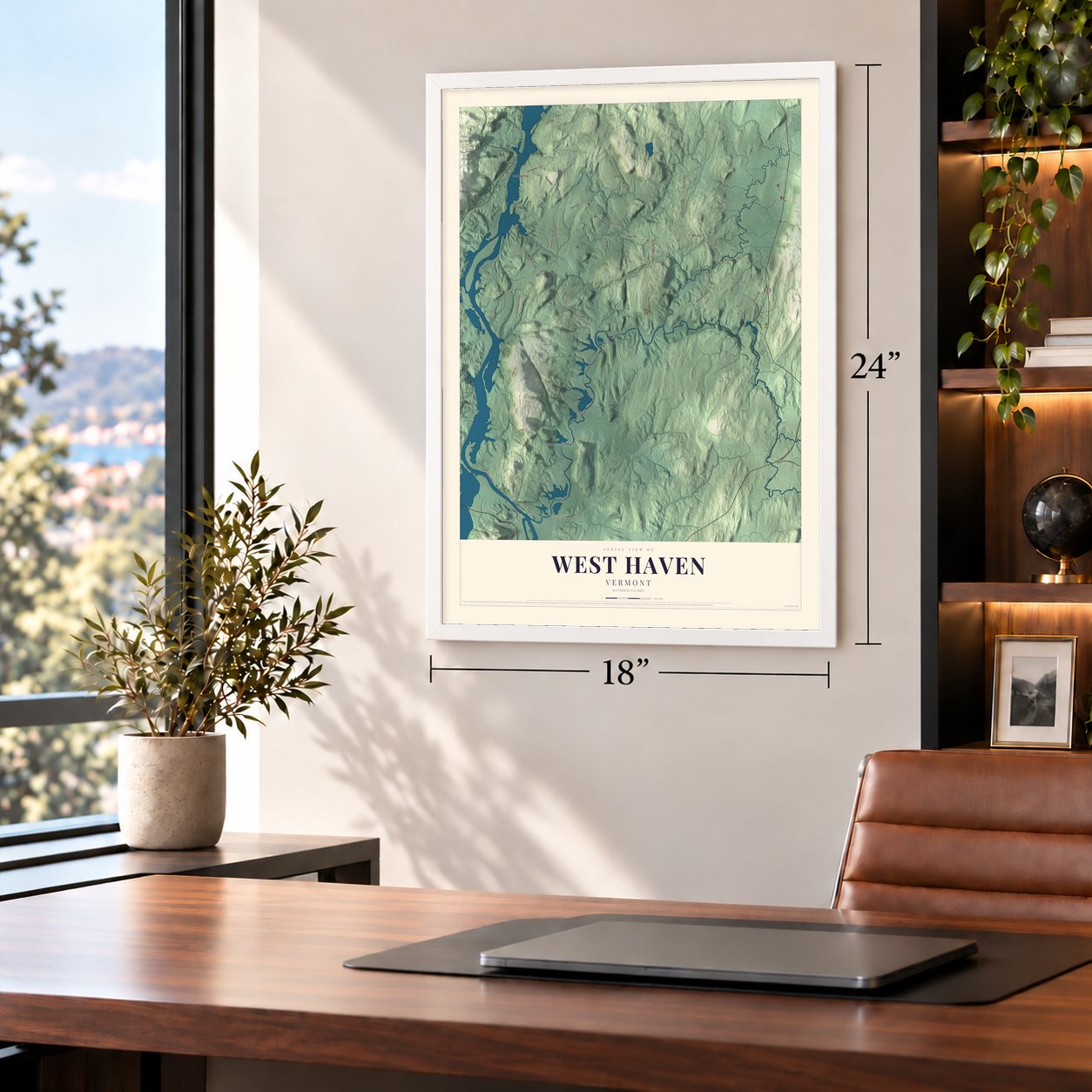 West Haven, Vermont map, 18 x 24 inch print in a white frame in a home office