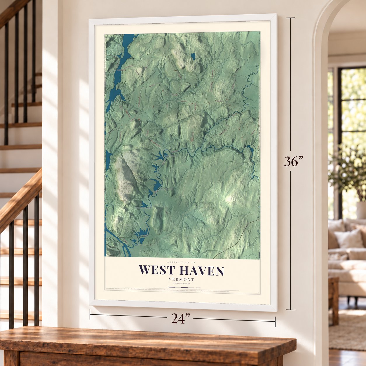 West Haven, Vermont map, 24 x 36 inch print in a white frame by a staircase