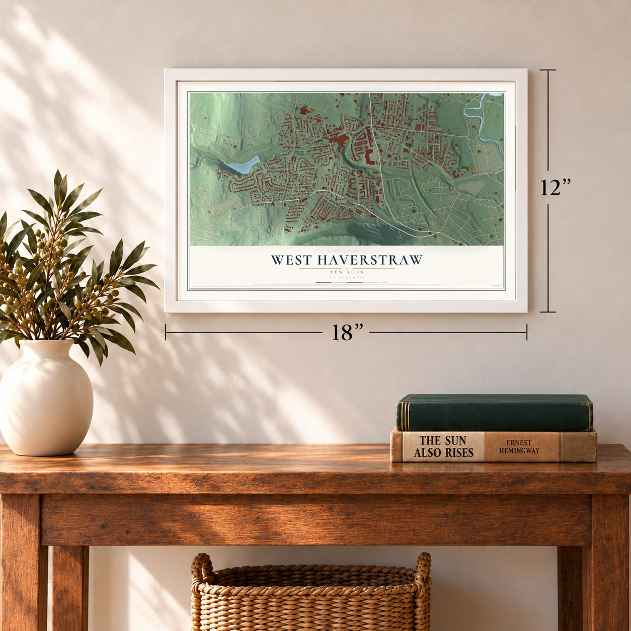 West Haverstraw, New York map, 12 x 18 inch print in a white frame in an entryway