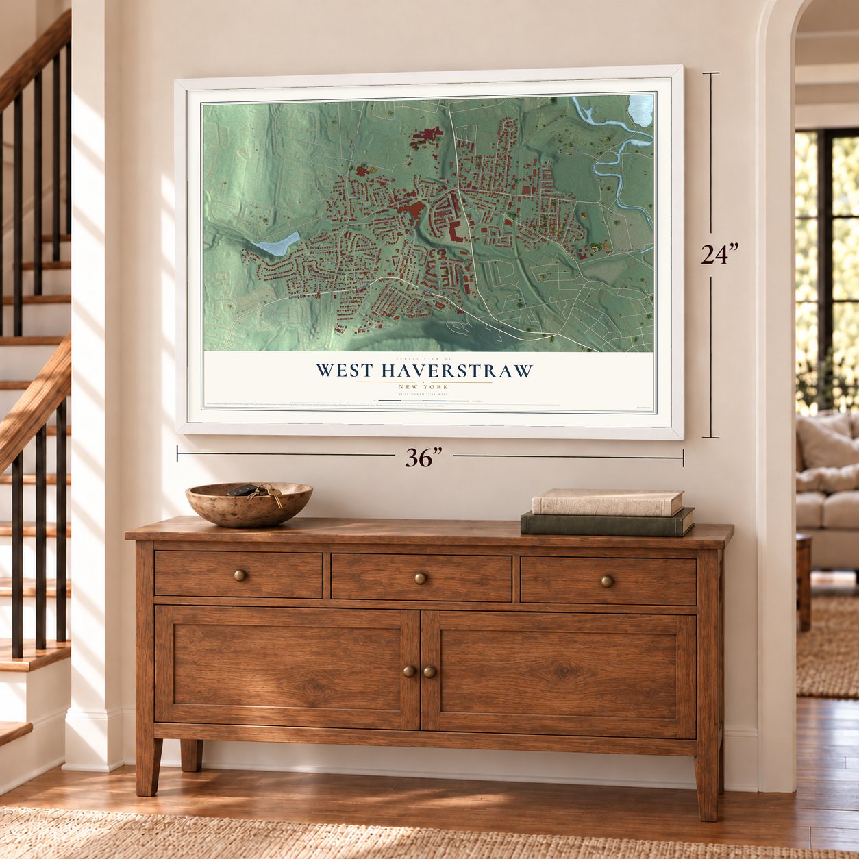 West Haverstraw, New York map, 24 x 36 inch print in a white frame above a dresser by a staircase