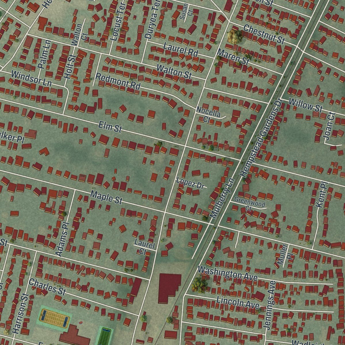 Second close-up of the map of West Hempstead, New York print showing more streets and buildings