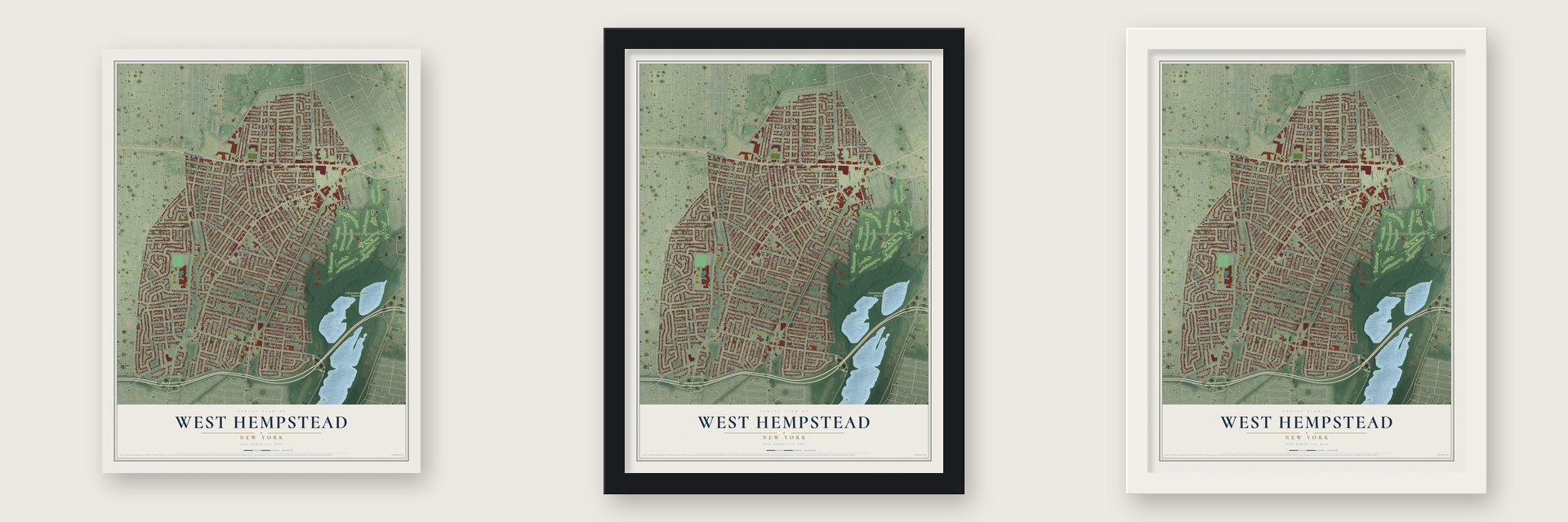 West Hempstead, New York map unframed, in a black wood frame and in a white wood frame