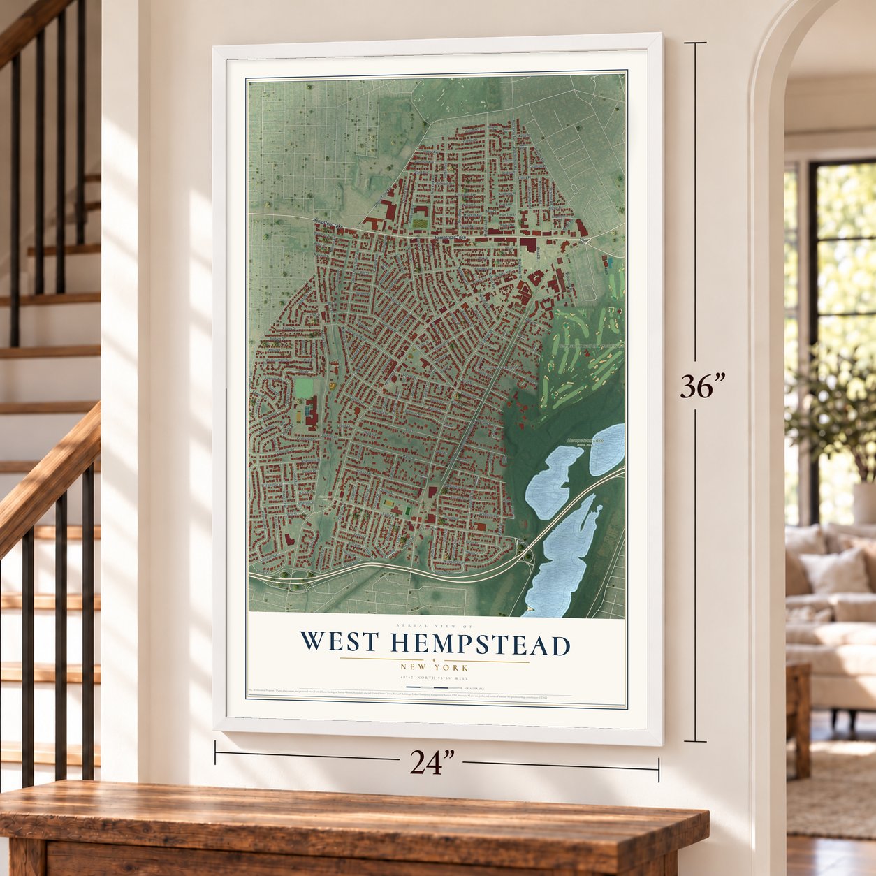 West Hempstead, New York map, 24 x 36 inch print in a white frame by a staircase