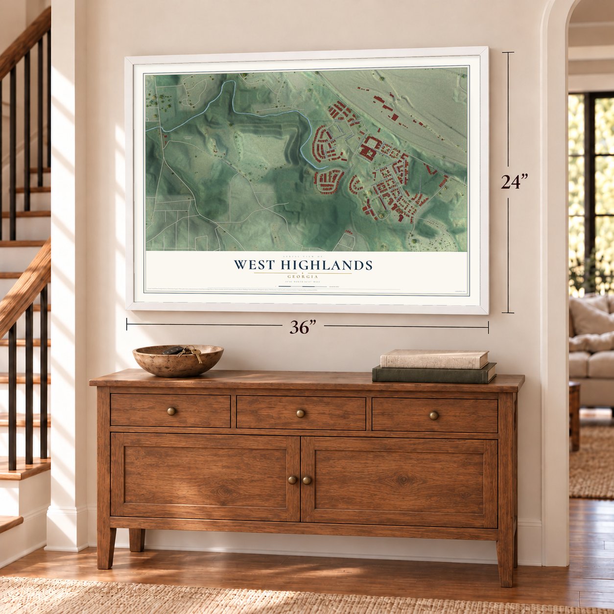West Highlands, Georgia map, 24 x 36 inch print in a white frame above a dresser by a staircase