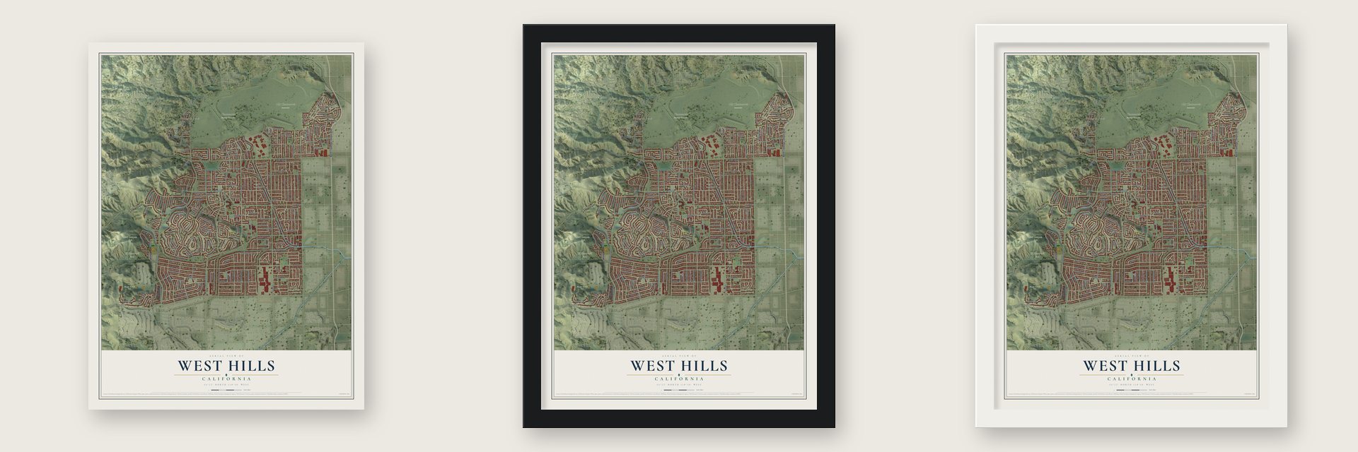West Hills, California map unframed, in a black wood frame and in a white wood frame