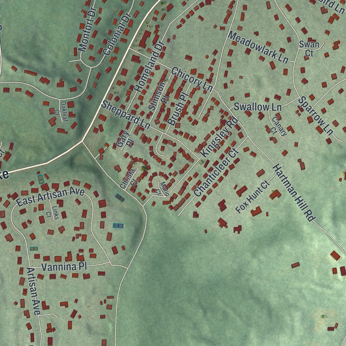 Second close-up of the map of West Hills, New York print showing more streets and buildings
