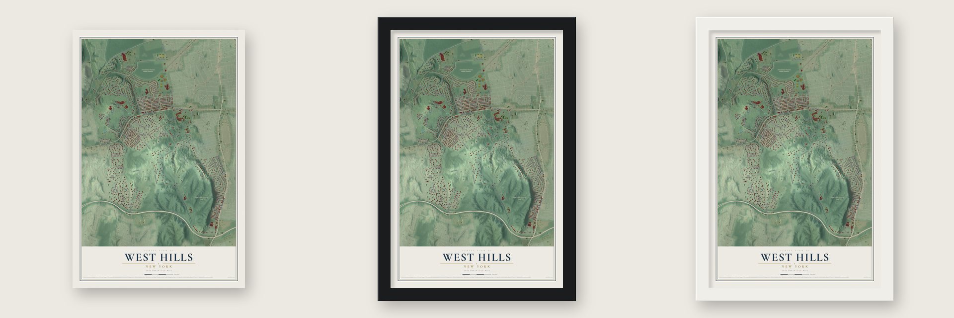 West Hills, New York map unframed, in a black wood frame and in a white wood frame