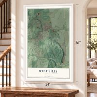 West Hills, New York map, 24 x 36 inch print in a white frame by a staircase