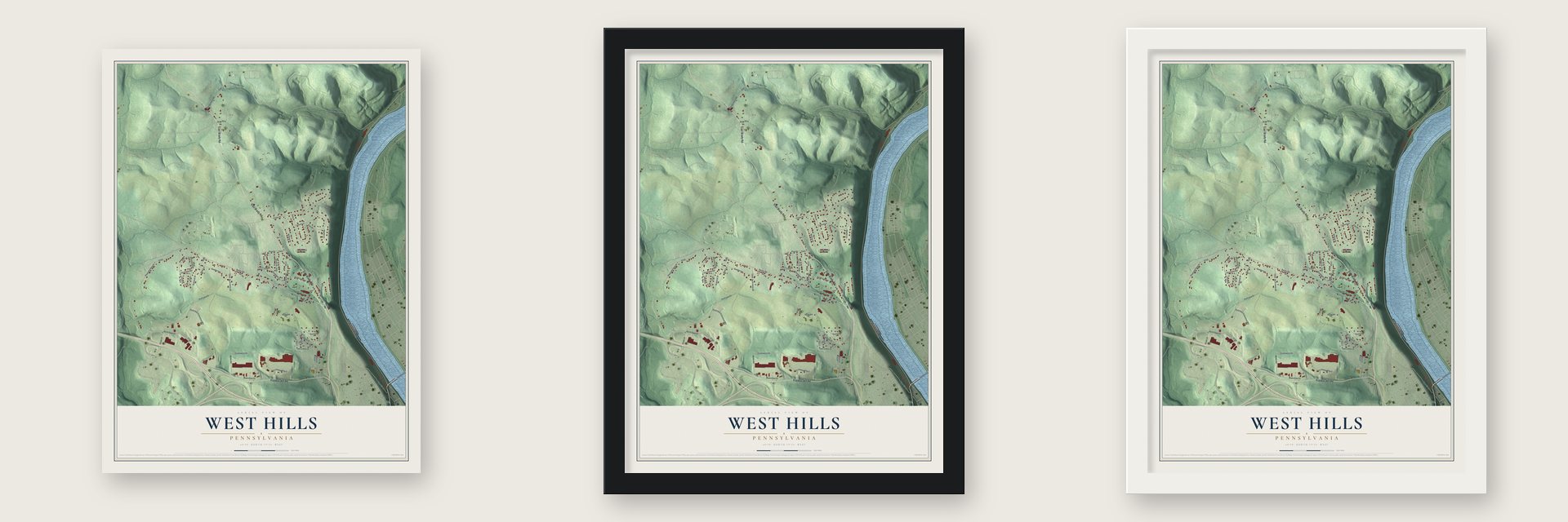 West Hills, Pennsylvania map unframed, in a black wood frame and in a white wood frame